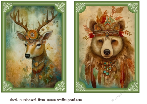 2 Green framed bohemian animal card fronts (7x5 aprox) 2