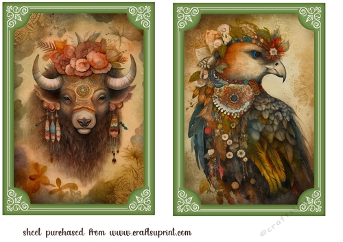 2 Green framed bohemian animal card fronts (7x5 aprox) 3