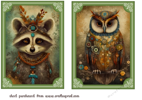 2 Green framed bohemian animal card fronts (7x5 aprox) 4