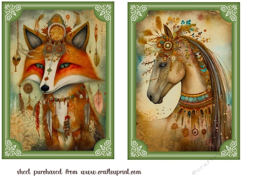 2 Green framed bohemian animal card fronts (7x5 aprox) 5