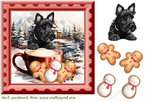 Scottish terrier with hot chocolate and Christmas cookies card front
