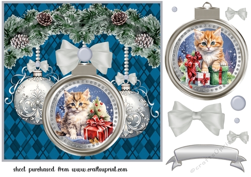Christmas bauble cat card front 1