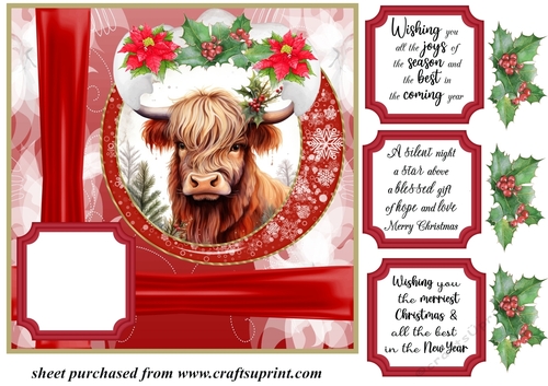 Red Christmas Highland cow card front 