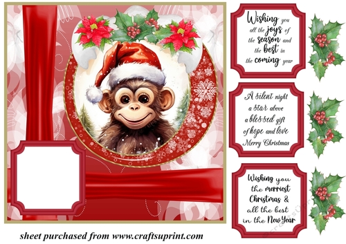Red Christmas monkey card front 