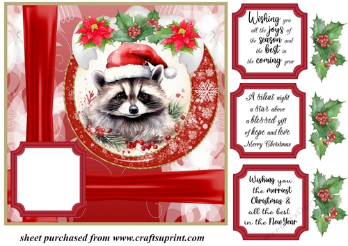 Red Christmas raccoon card front 