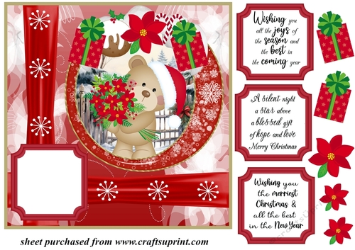 Red Christmas poinsettia bear card front 1