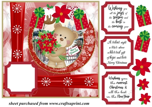 Red Christmas poinsettia bear card front 2