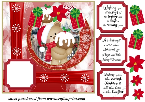 Red Christmas pudding bear card front 