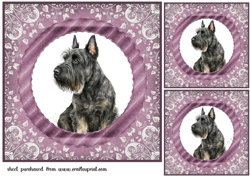 3 Purple and silver Scottish terrier card fronts/toppers 2