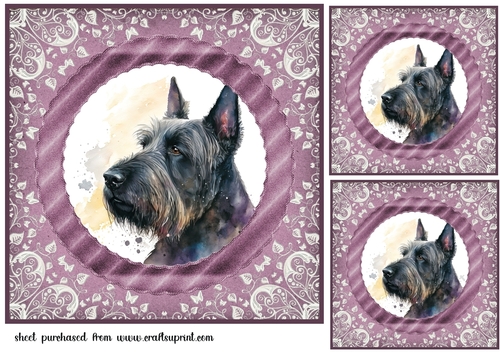 3 Purple and silver Scottish terrier card fronts/toppers 10