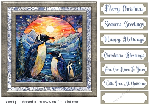 Stained glass Christmas penguins card front 1