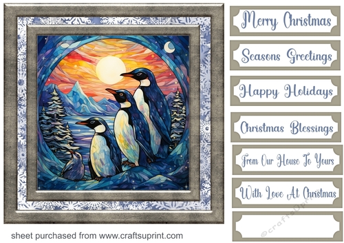 Stained glass Christmas penguins card front 3