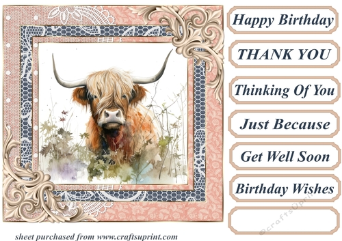 Lace framed hedgerow Highland cow card front 2