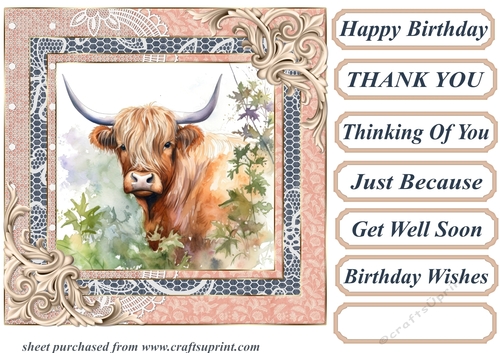Lace framed hedgerow Highland cow card front 5