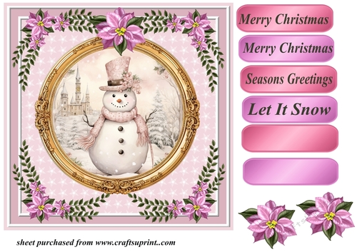 Pink Christmas snowman card front 2
