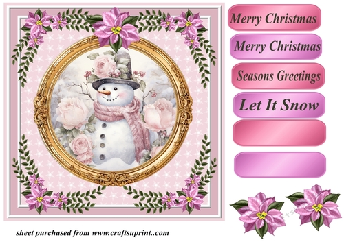 Pink Christmas snowman card front 5