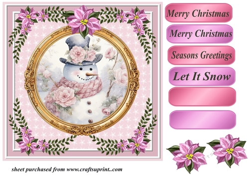 Pink Christmas snowman card front 6