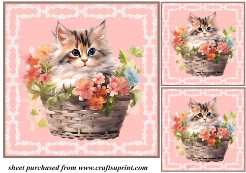 3 Floral cat in basket card front/toppers 1