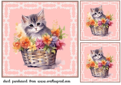 3 Floral cat in basket card front/toppers 2