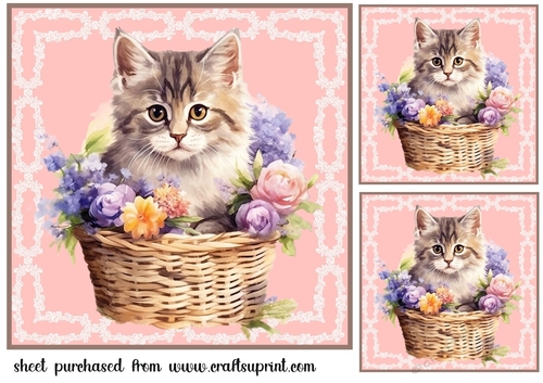 3 Floral cat in basket card front/toppers 6