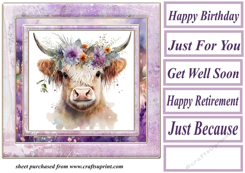 Purple floral Highland cow card front 1