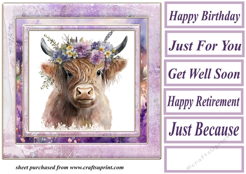 Purple floral Highland cow card front 2