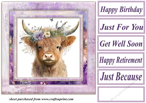 Purple floral Highland cow card front 5