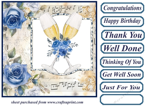 Blue rose champagne glass card front 1