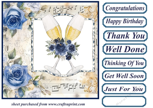 Blue rose champagne glass card front 2