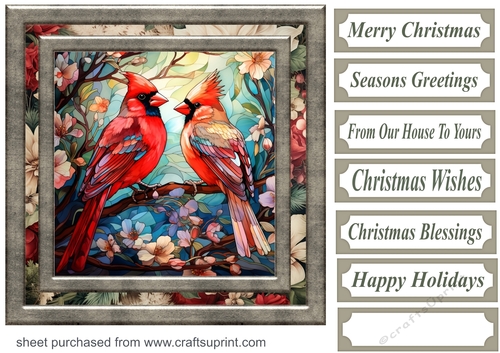 Stained glass Christmas cardinals card front 1