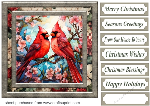 Stained glass Christmas cardinals card front 2