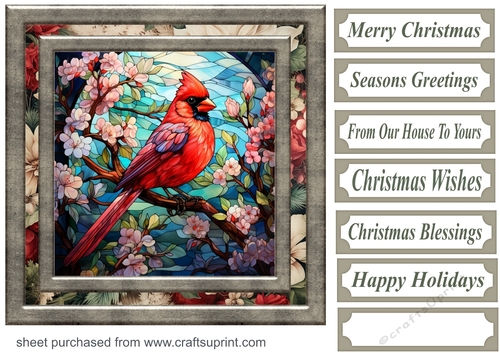 Stained glass Christmas cardinals card front 3