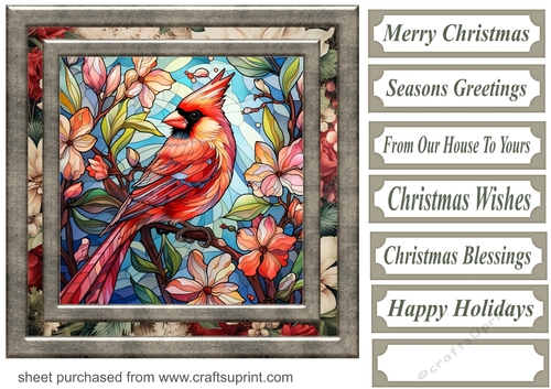 Stained glass Christmas cardinals card front 6