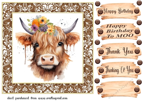 Brown framed Highland cow card front 1