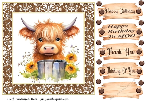Brown framed Highland cow card front 2