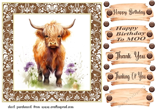 Brown framed Highland cow card front 7