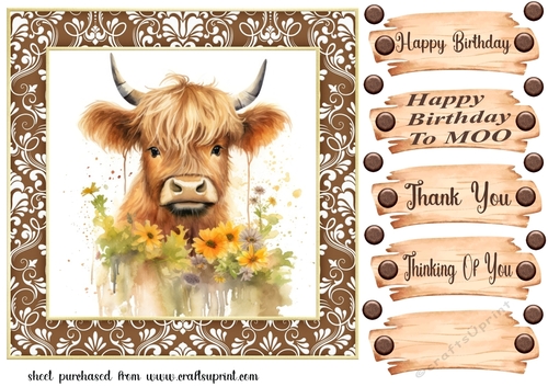 Brown framed Highland cow card front 12