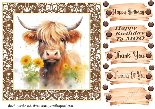 Brown framed Highland cow card front 13