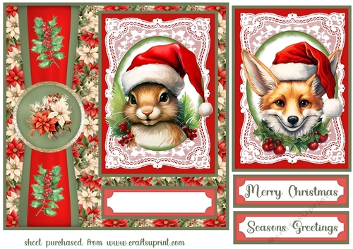 Poinsettia Christmas animals card front 3