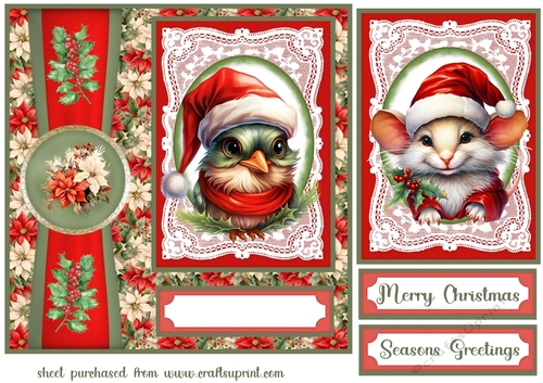 Poinsettia Christmas animals card front 6
