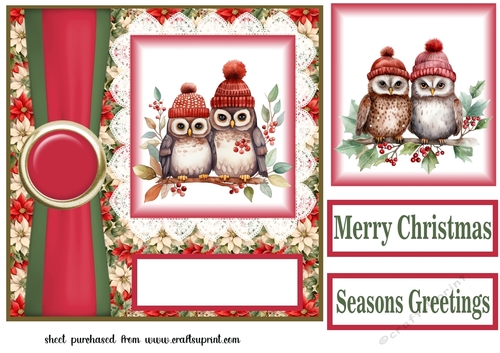 Poinsettia Christmas owl family card front 7