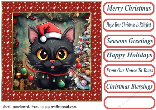 Black cat in a tangle Christmas card front 4