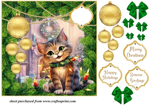 Christmas kitten with hanging baubles card front 2