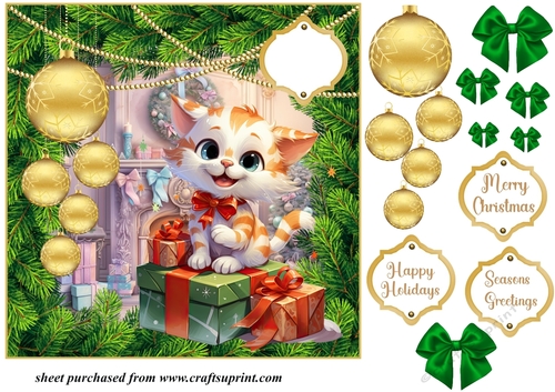 Christmas kitten with hanging baubles card front 3