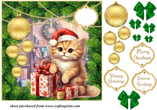 Christmas kitten with hanging baubles card front 4