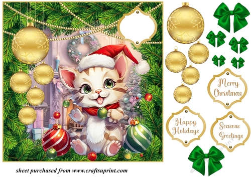 Christmas kitten with hanging baubles card front 5