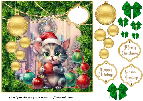 Christmas kitten with hanging baubles card front 6