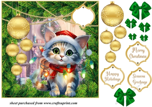 Christmas kitten with hanging baubles card front 7