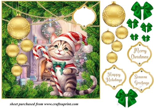 Christmas kitten with hanging baubles card front 8