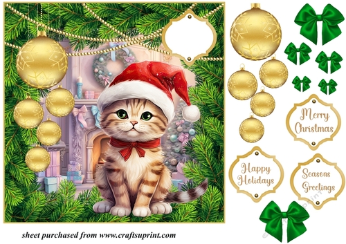 Christmas kitten with hanging baubles card front 9